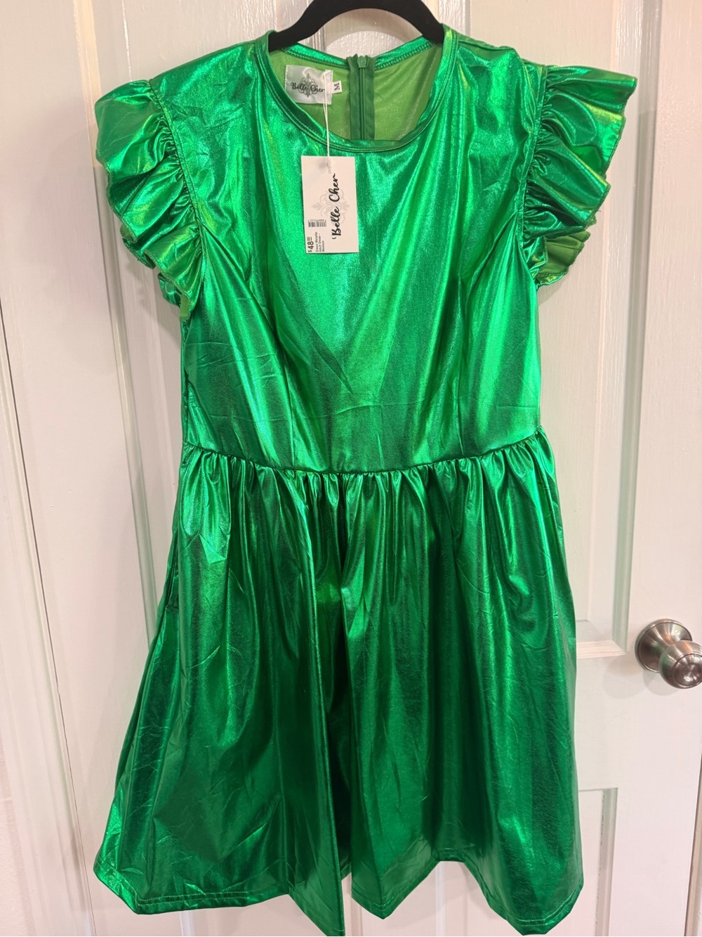 Shiny Green Metallic Dress with Ruffle Sleeves